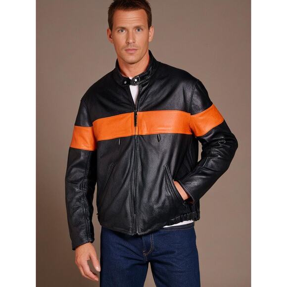 Wilsons Leather Men's XL Black & Orange Striped Motorcycle Jacket | Retro Biker - Picture 1 of 5